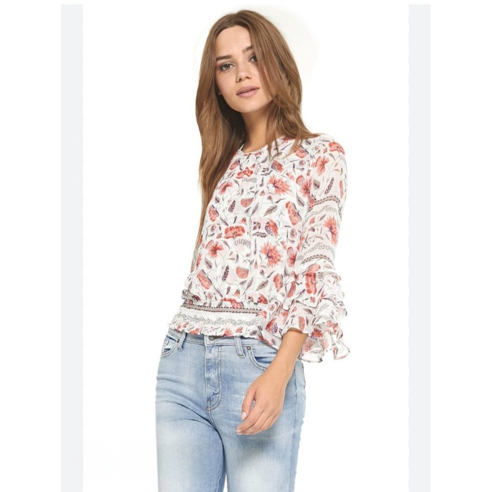 MISA Annabelle Floral Smocked Waist Ruffle Bell Sleeve Blouse Top M